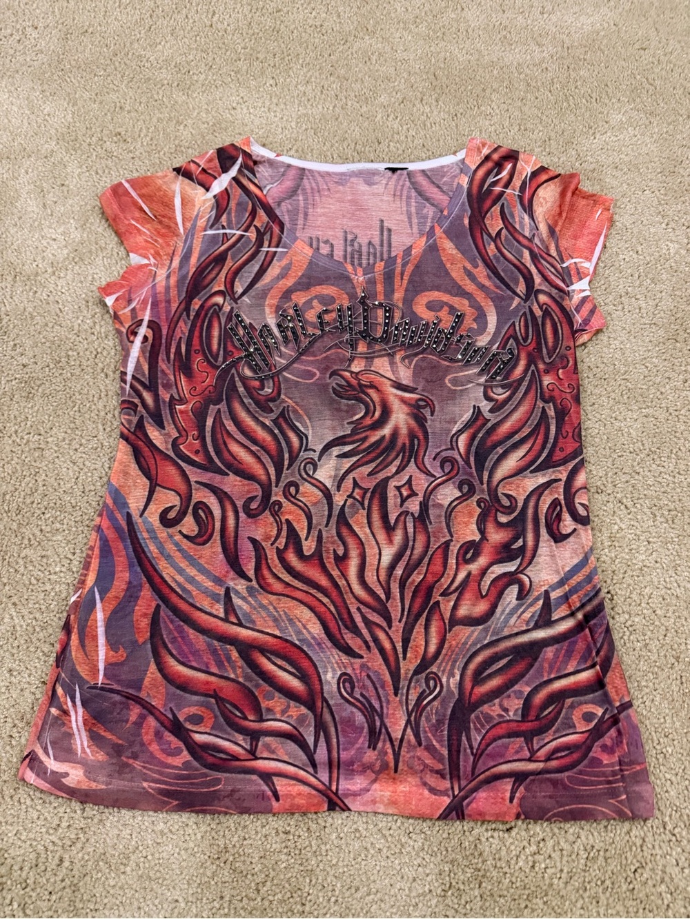 Harley Davidson Vintage Y2K Sheer Tattoo Print Rhinestone Top Small